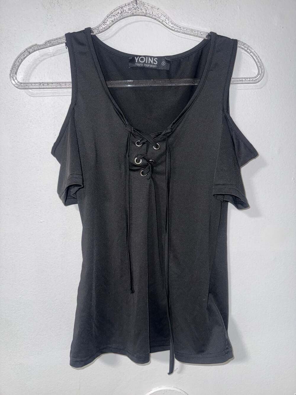 Yoins Black Cold Shoulder Lace-Up Top Size S